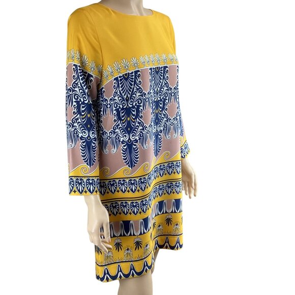 J. Crew Factory Dress Size 2 Jules Scroll Print Yellow Navy & Pink Shift‎ - Picture 3 of 7